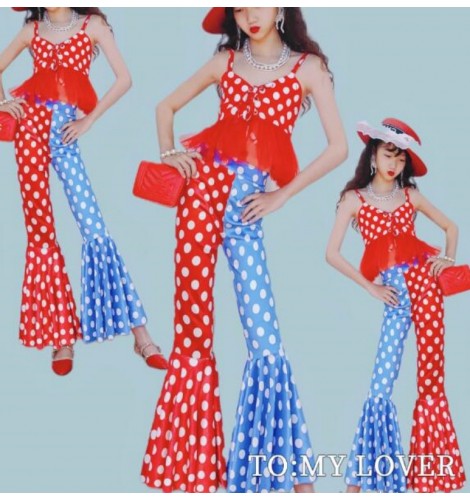 Girls kids vintage Hong Kong catwalk wave jazz Red blue polka dot Latin  dance tops and pants modern show photos cosplay velvet wide leg flared  trousers