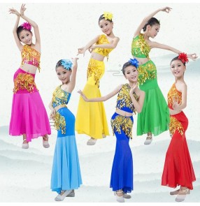 Children Girls chinese folk dance costumes Red blue green Thailand Dai peacock dance dresses ethnic belly dance mermaid skirt for kids