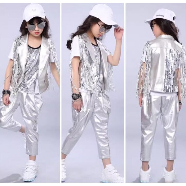 Unisex Sequins Vest Waistcoat Dance Party Show Costume Kids Boys Girls Hip  Hop