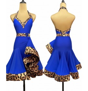 Women royal blue latin dance dresses for girls salsa rumba chacha rhythm ballroom latin dancing costumes side slit ruffles fishbone skirts for female