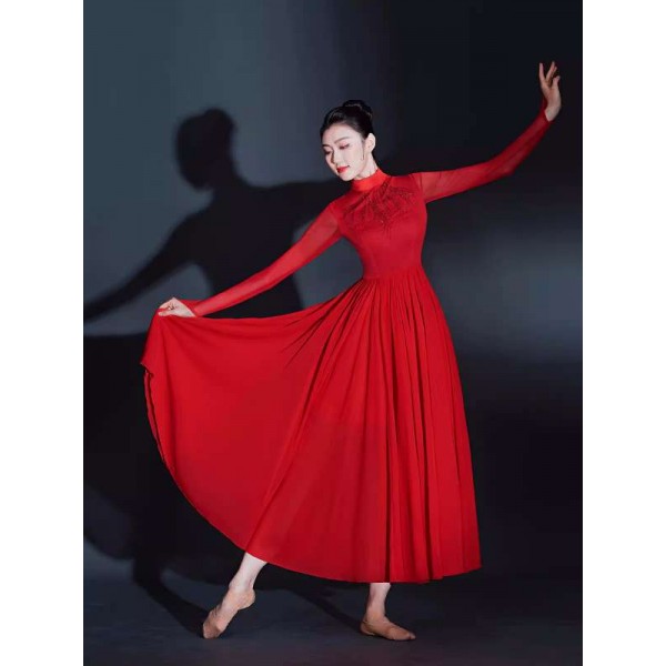 Red Modern Dance Costume Fashion Opening Dance Tutu Skirt