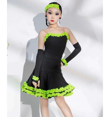 Children black with wine latin dance costume long latin ruffles Pants Girls  Latin dance practice clothes ballroom competition performance outfits