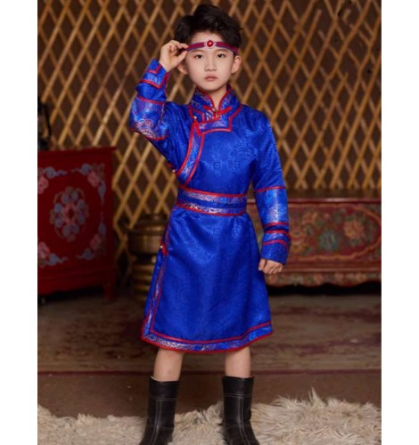 Boys turquoise royal blue mongolian Folk dance costumes stage performance  photos shooting Mongolia ethnic party stage performance robe for kids