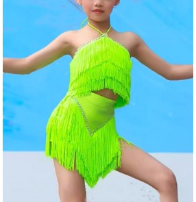 Girls kids green white tassels competition latin dance dress modern salsa rumba chacha dance costumes for children