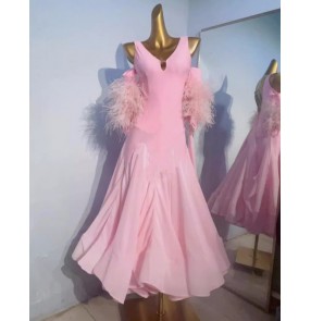Customized size pink feather competition ballroom dance dresses for girls kids children junior waltz tango foxtrot smooth dance long gown for Children