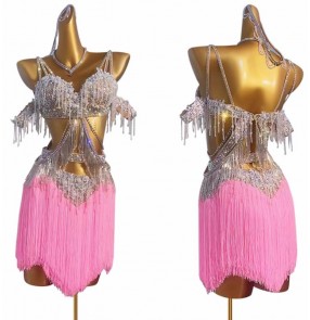 Customized  girls pink tassels competition ballroom latin dance dresses bling salsa rumba chacha solo dance costumes flower clothes for kids