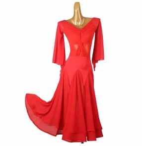 Women red short sleeves ballroom dance dresses for female girls waltz tango foxtrot smooth dance long gown for female