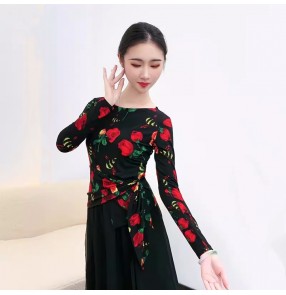 Women girls red rose flowers ballroom latin dance tops modern salsa flamenco chacha practice dancing t shirt blouses