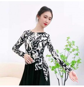 Women black white printed ballroom latin dance tops female waltz tango foxtrot smooth practice dance t shirt blouses for lady