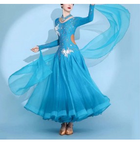 Women girls blue ballroom dance dresses competition waltz tango foxtrot smooth flowy with float sleeves dance long gown for lady