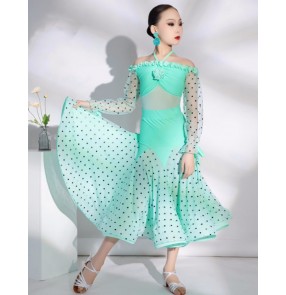 Girls kids mint green black dot heart pattern ballroom dance dresses for children waltz tango stage performance long gown for kids