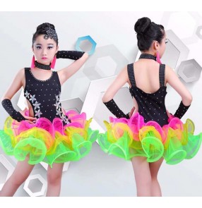 Girls kids colorful ruffles latin dance dresses for children salsa chacha rumba ballroom latin performance costumes