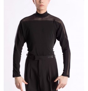 Men's black mesh patchwork latin ballroom dance shirts turtle neck long sleeves waltz tango flamenco chacha dance Tops T shirts