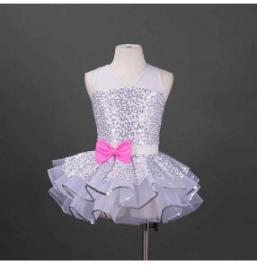 Children Toddlers silver sequins jazz dance wear tutu skirt ballerina ballet dresses Xmas Birthday party fancy ball gown