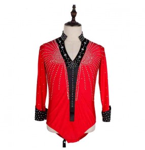 Custom size competition latin dance shirts for youth juvenile young men red v neck yellow blue black rhinestones performance waltz tango dancing body tops 