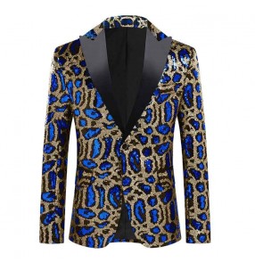 Leopard sequined Jazz dance blaers for men youth gogo dancers dj ds singers band gig nightclub stage party show lapel collar jackets