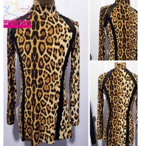 Men youth leopard print latin ballroom dance shirts turtle neck long sleeves waltz tango flamenco cha cha rumba jive dance tops 