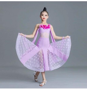 Lavender polka dot lace ballroom dance dresses for girls kids hot pink flowers waltz tango rhythm dancing costumes for Children