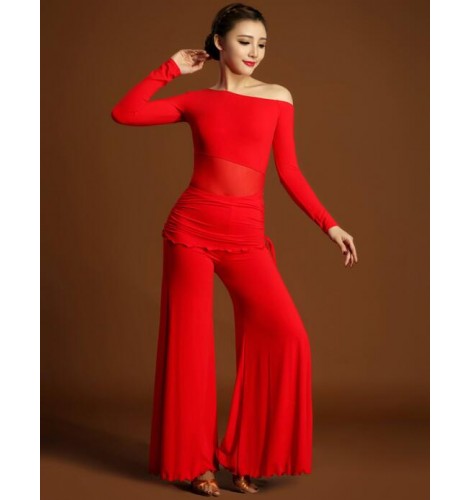 Black red long length high waist women's ladies female loose wide legs  swing competition practice performance professional latin ballroom dance pants  trousers