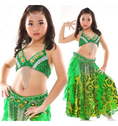 Little Girls Shimmering Velvet Turquoise Belly Dance Costume