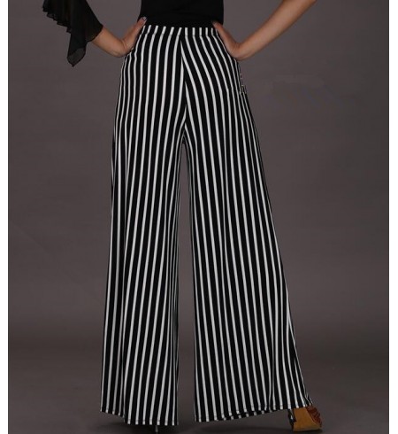 White black striped wide legs swing long length high waist fashion ...