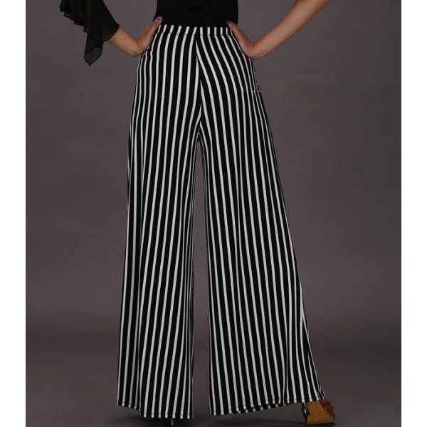 White black striped wide legs swing long length high waist fashion ...