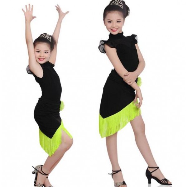 Girls latin tops and pants for kids children fringes performance  competition salsa chacha dance outfits