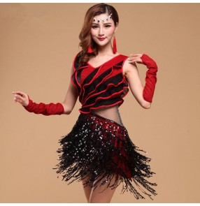 Gold red black turquoise blue fuchsia hot pink fringes sequins paillette  strap women's girls competition stage performance latin salsa cha cha dance  dresses skirts outfits