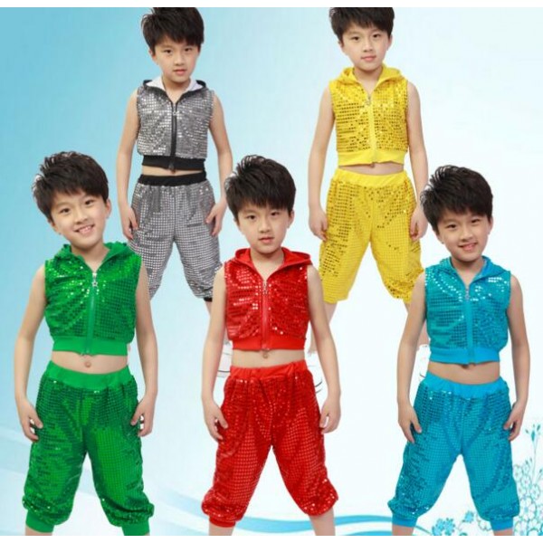 Black red green yellow gold turquoise sequined boys girls modern dance  stage performance school play hip hop jazz dance outfits costumes with hats