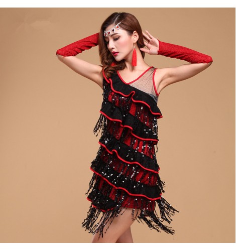 Women\'s red royal blue black fringes latin dance dresses salsa