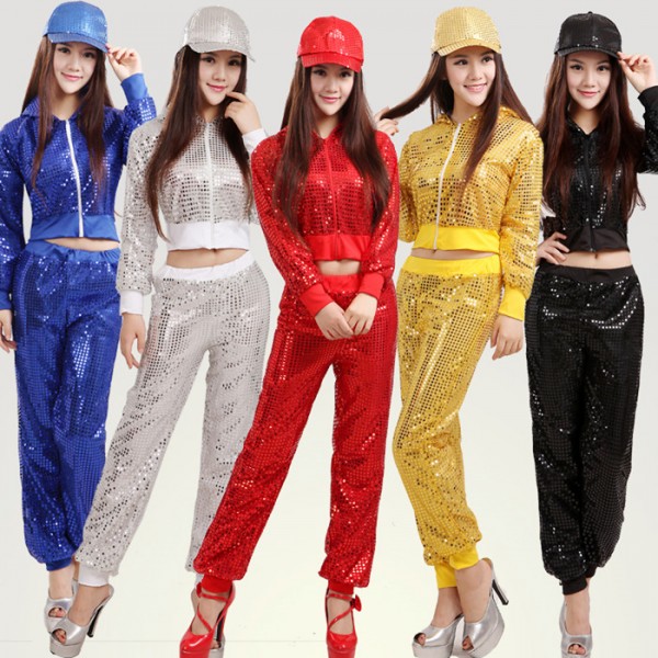 Black silver white gold yellow royal blue red sequins women's girls long  sleeves pants school play stage performance jazz dance hip hop dance costumes  outfits dancewear