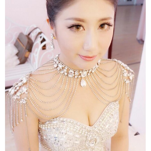 Fashion crystal beaded diamond tassels women's ladies female wedding  evening bridal party jewelry cape necklace shoulder necklace dress  accessories