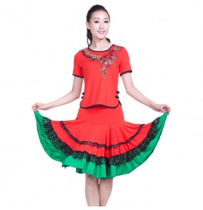 Gold red black turquoise blue fuchsia hot pink fringes sequins paillette  strap women's girls competition stage performance latin salsa cha cha dance  dresses skirts outfits