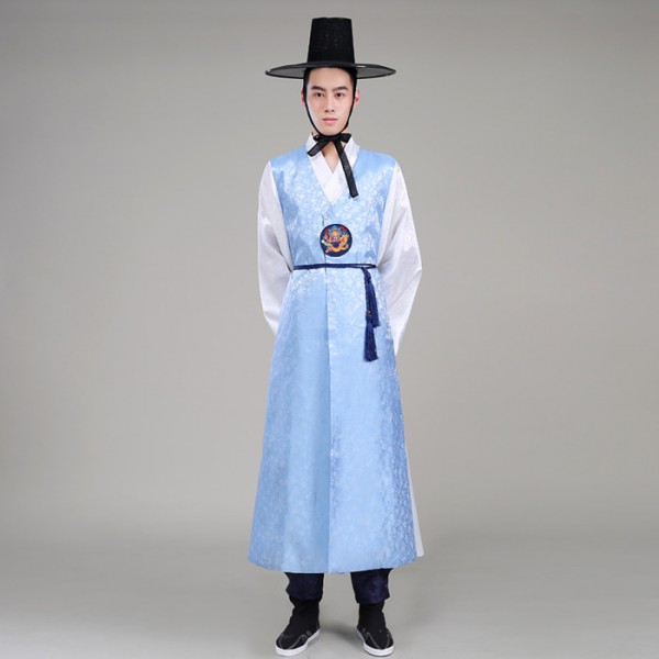 Light blue navy men's male long length traditional hanbok korean palace ...