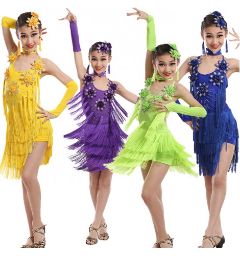 Non green royal blue violet purple fringes girls kids children school play  competition rhinestones backless performance latin salsa cha cha dance