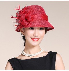 FS Royal Lady Fascinator Red Hat Wedding Sinamay Church Hats Flowers Womens Elegant Wide Brim Fedora