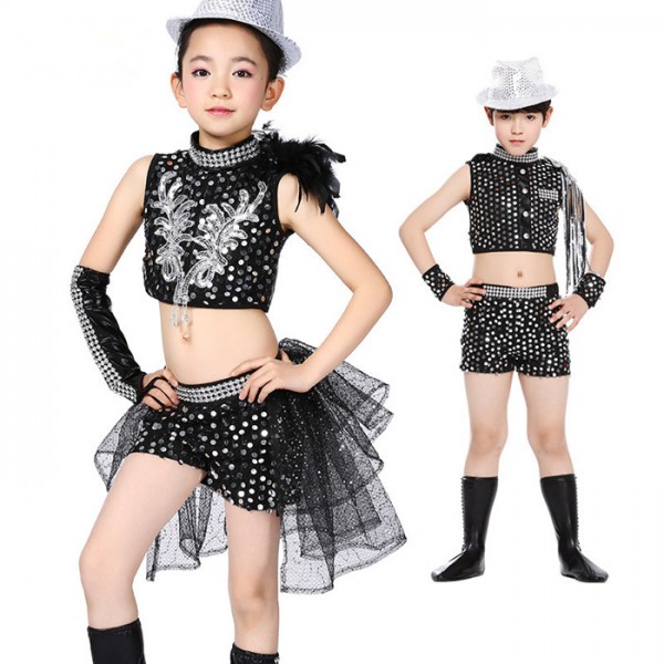 Royal Blue Black Sequined Modern Kindergarten Dance Boys Girls Jazz Dance Costumes Outfits T Show School Play Costumes