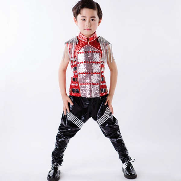 Sequins fringes leather boys kids children fashion stage performance ...