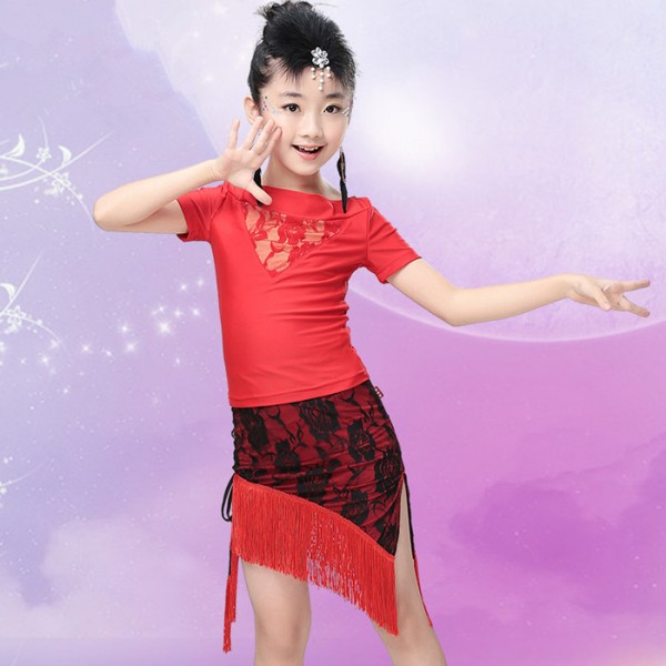 Short sleeves top lace fringes side split skirts girls kids children ...