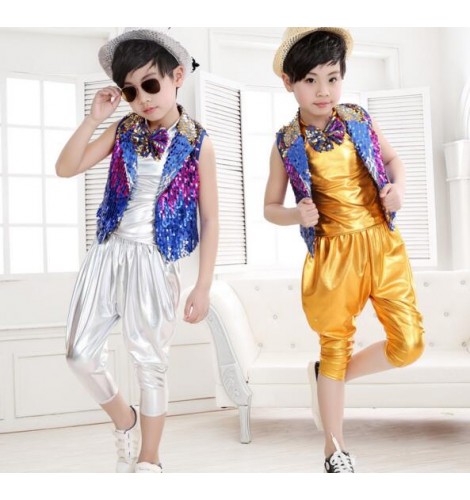 Unisex Sequins Vest Waistcoat Dance Party Show Costume Kids Boys Girls Hip  Hop