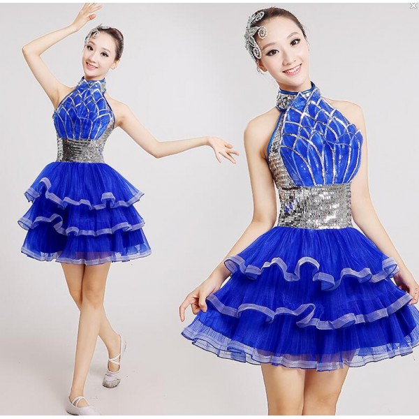 Silver sequins royal blue women's ladies female competition performance ...