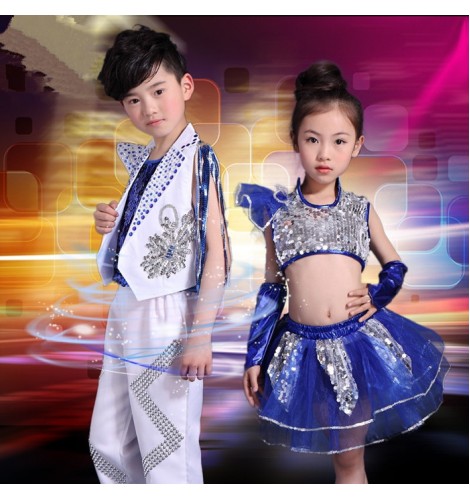 White and royal blue patchwork boys girls kids children modern dance school  t play jazz hip hop stage performance singer dj ds cos play dance costumes