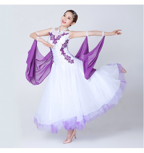 Ballroom Dance Wear : White and violet purple black and red patchwork  rhinestones women's female competition long length standard waltz tango  ballroom dance dresses outfits