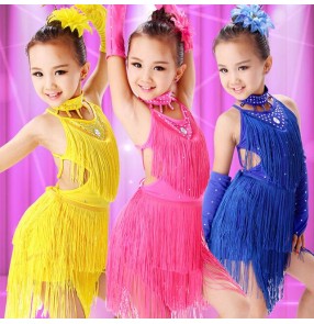 Royal blue red fuchsia hot pink hollow see through waist backless  rhinestones sequins fringes tassels girls kids children stage performance  school play latin ballroom dance dresses outfits