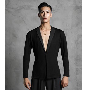 Adult men's black dance shirt lapel collar ballroom dancing tops Latin dance practice cardigan dance shirts