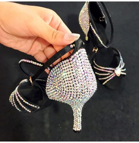 Adult Women competition black flesh color Latin dance shoes with full rhinestones ballroom dancing sandals tango waltz dance bling shoes for female