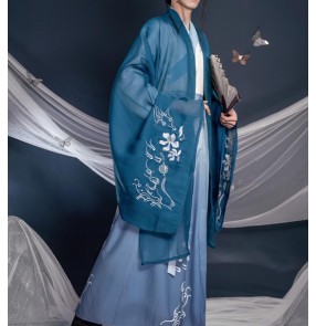 Ancient traditional Hanfu for men blue green color Chinese folk costume han ming tang dynasty prince swordsman warrior cosplay robe scholar Xianqi Big Sleeve Shirt clothing