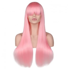 Anime drama cosplay long straight wig with bangs for pink girl party or daily use heat synthetic fiber