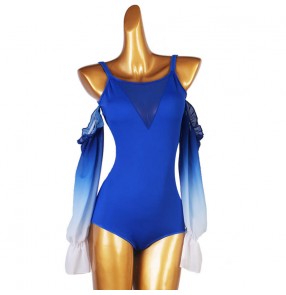 Ballroom Latin Flamenco Dance Bodysuits for women girls royal blue gradient colored  dew shoulder stage performance body tops customizable jumpsuits