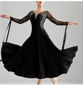 Black lace ballroom dance dress for women long sleeves diamond waltz tango dance dress ballroom dancing dress for female 